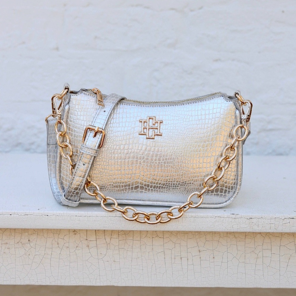 Caroline Hill Silver Embossed Faux Croc Joan Crossbody Purse